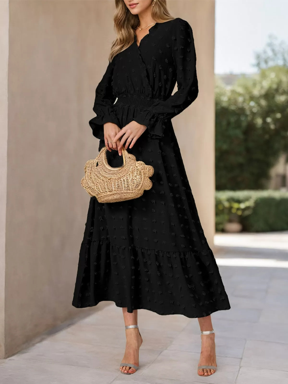 Wrinkle V-neck Lantern A-line Dress