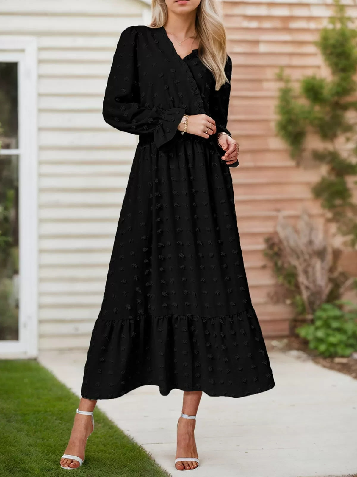 Wrinkle V-neck Lantern A-line Dress