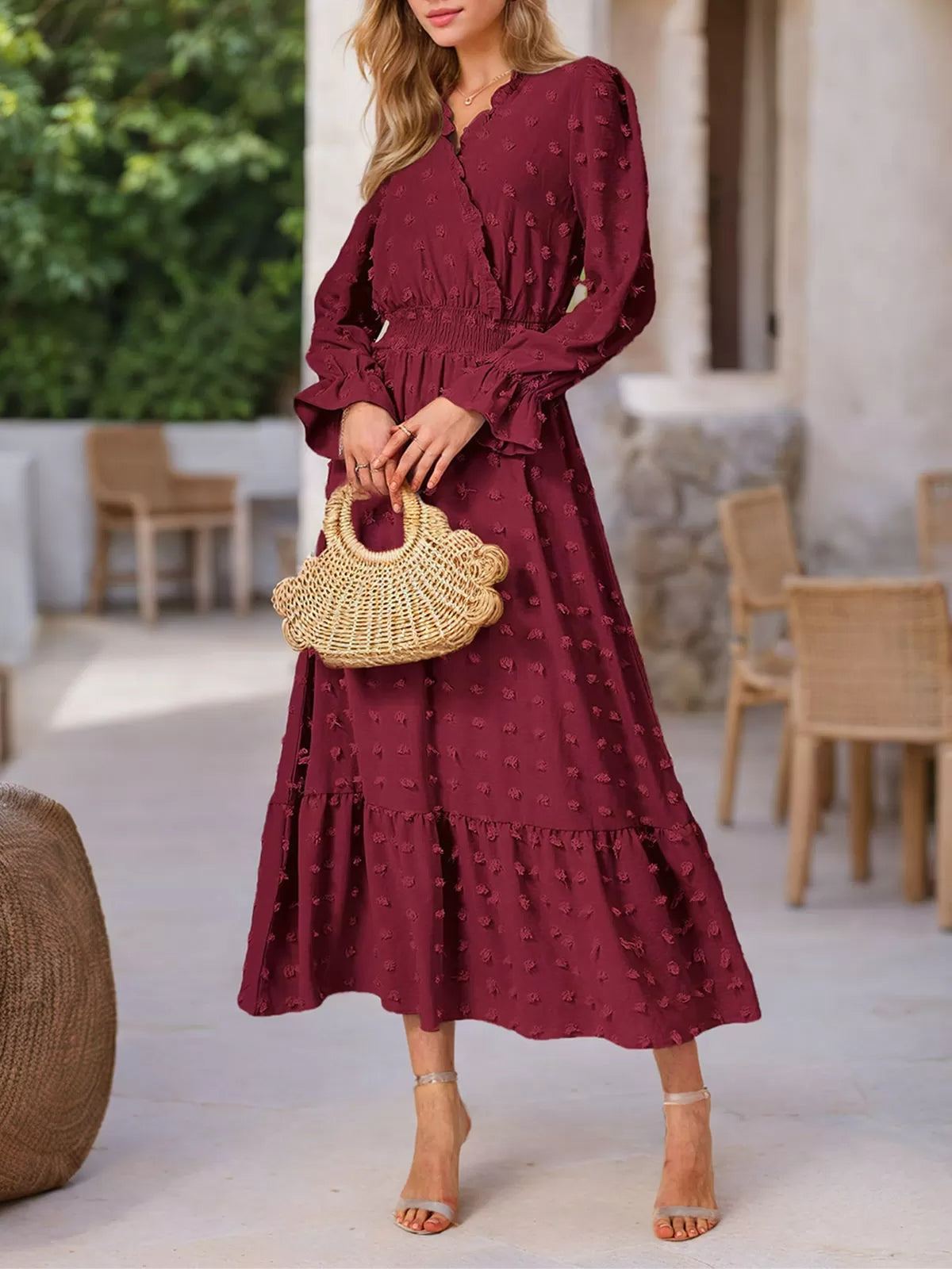 Wrinkle V-neck Lantern A-line Dress