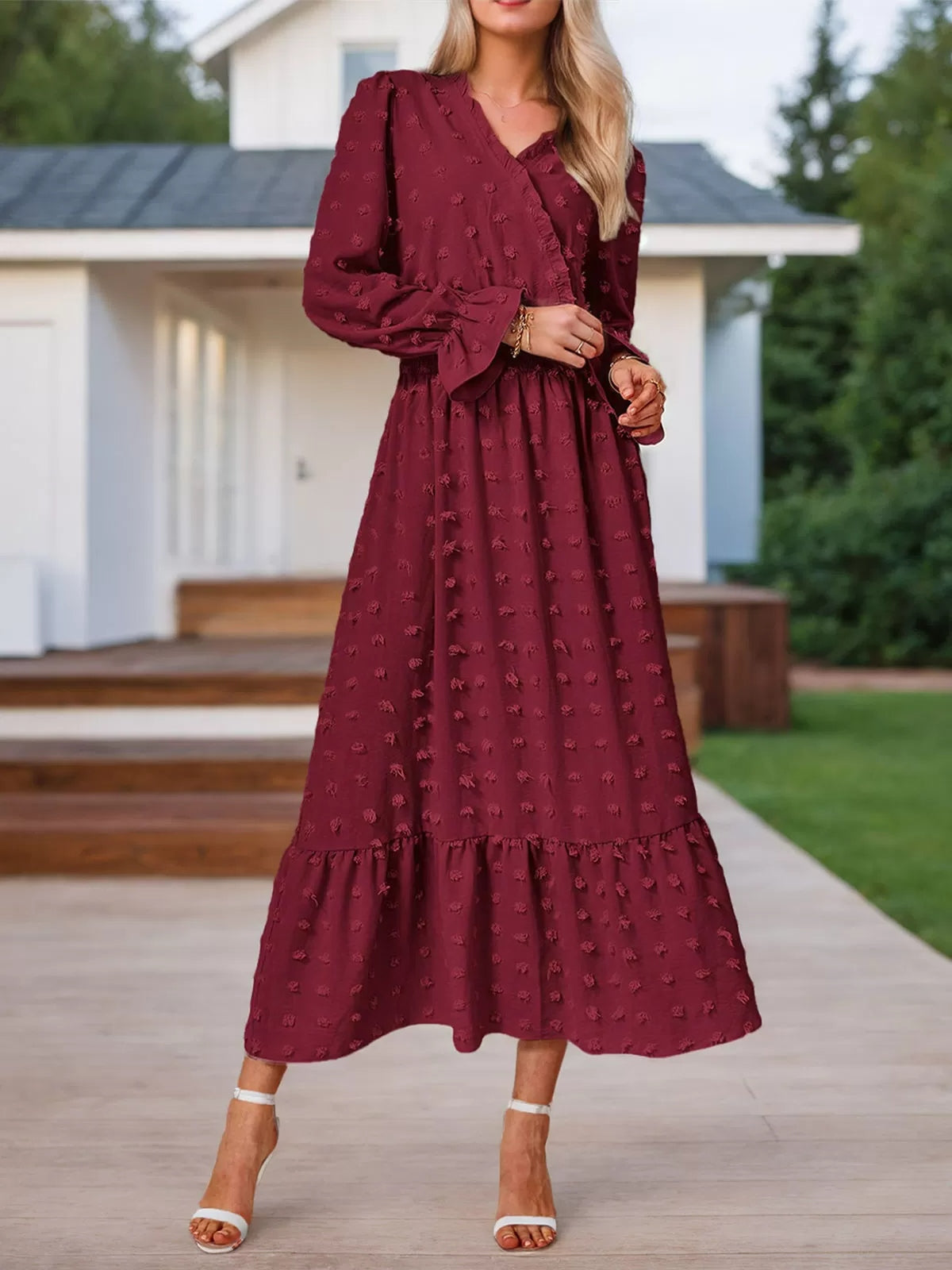Wrinkle V-neck Lantern A-line Dress
