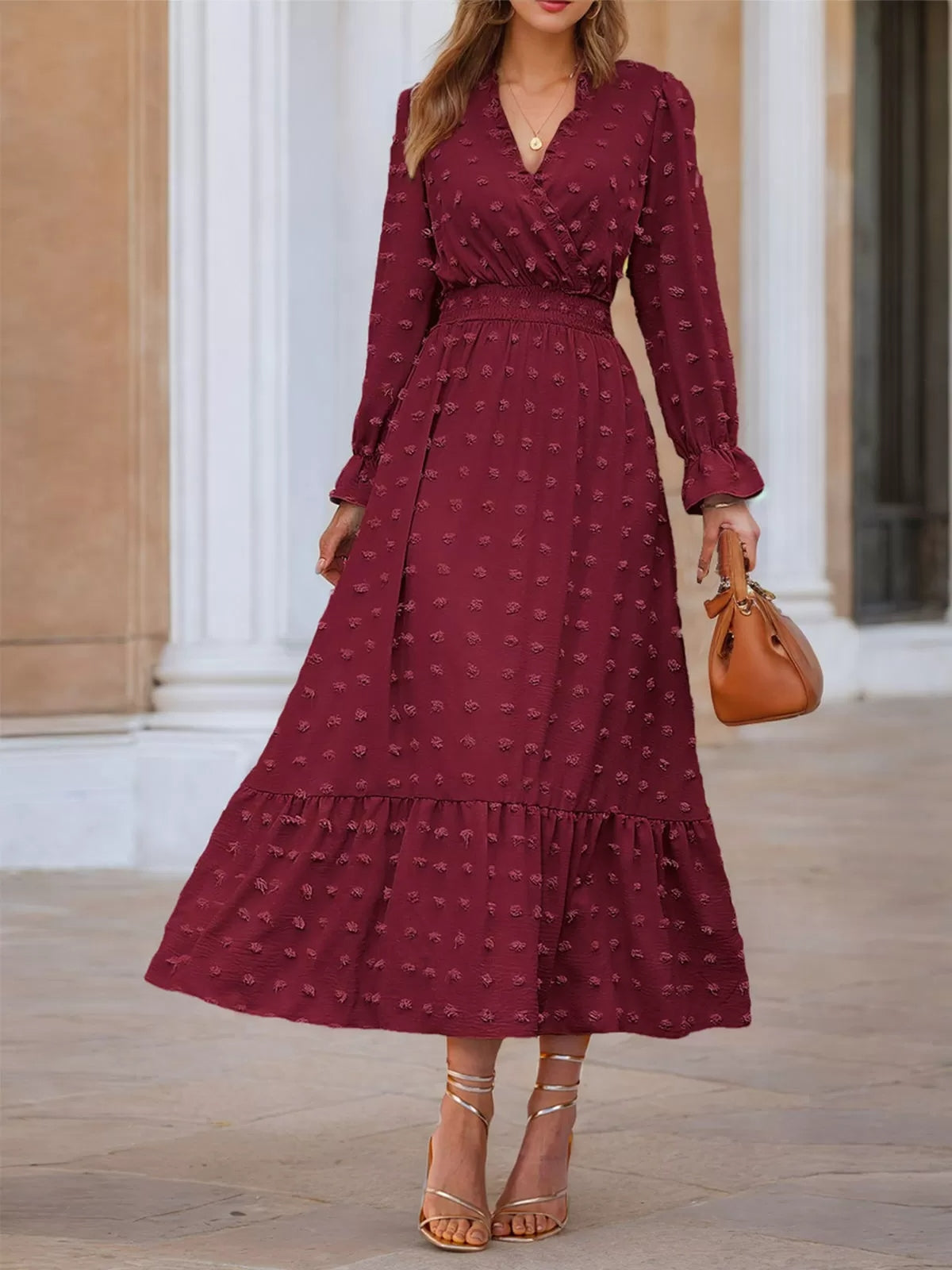 Wrinkle V-neck Lantern A-line Dress
