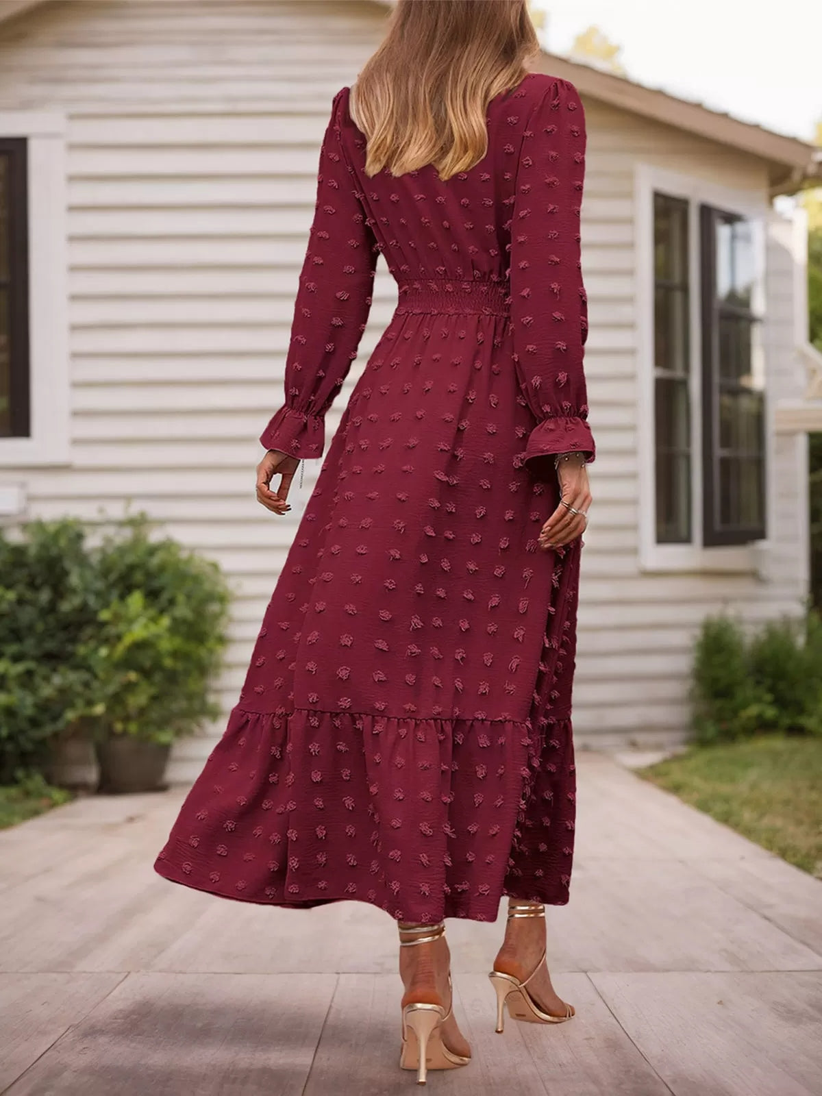 Wrinkle V-neck Lantern A-line Dress