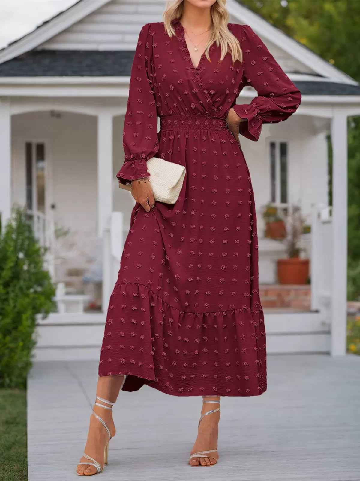 Wrinkle V-neck Lantern A-line Dress