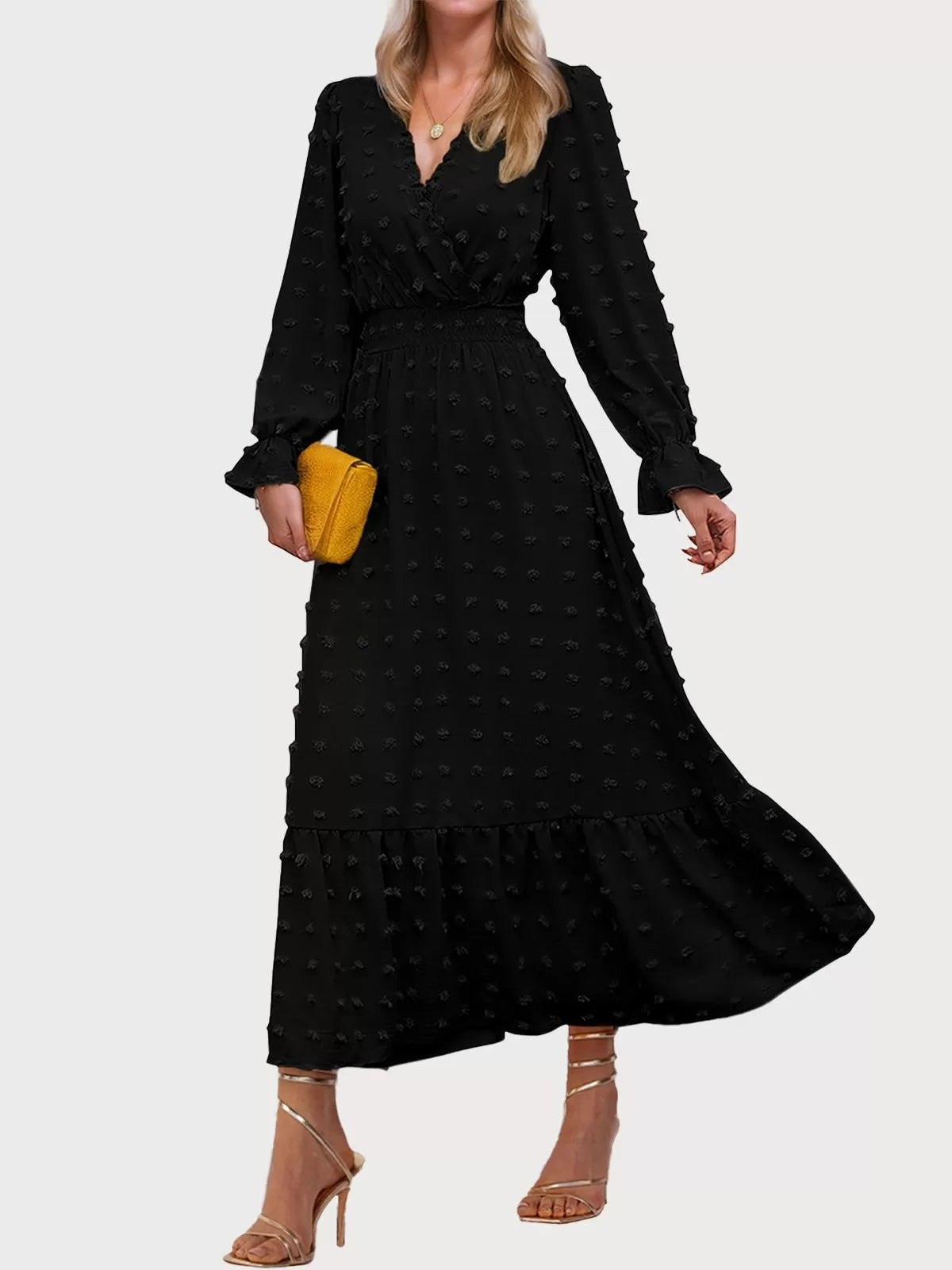 Wrinkle V-neck Lantern A-line Dress