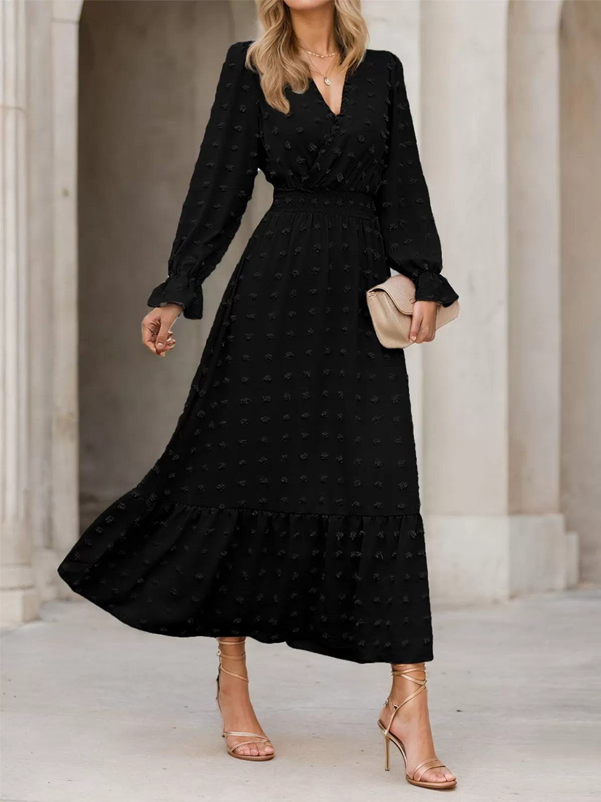 Wrinkle V-neck Lantern A-line Dress