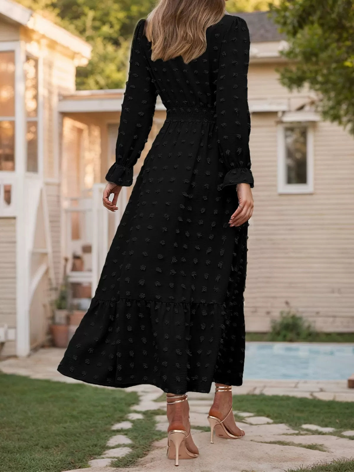 Wrinkle V-neck Lantern A-line Dress