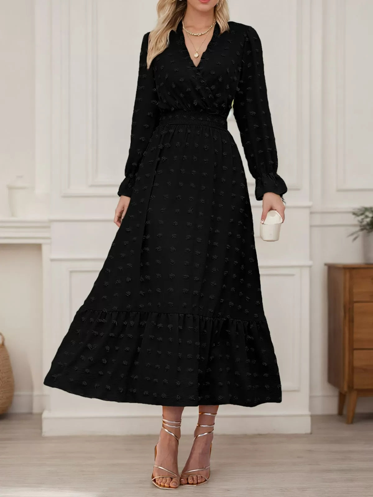 Wrinkle V-neck Lantern A-line Dress