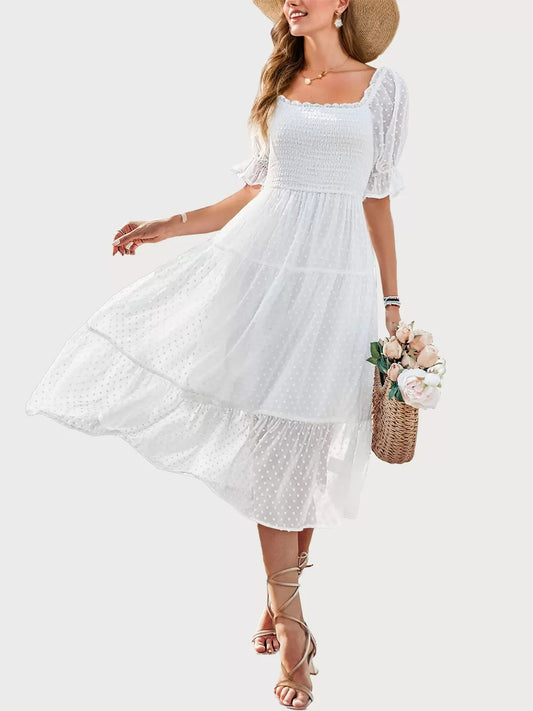 Pleating Square Neck Puff Flare Dress