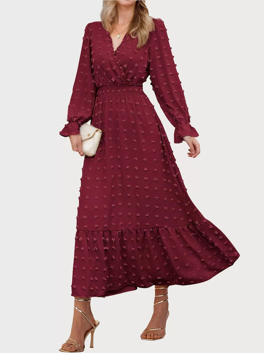 Wrinkle V-neck Lantern A-line Dress