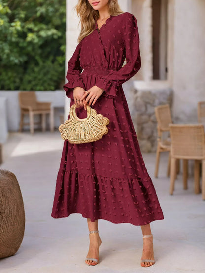 Wrinkle V-neck Lantern A-line Dress